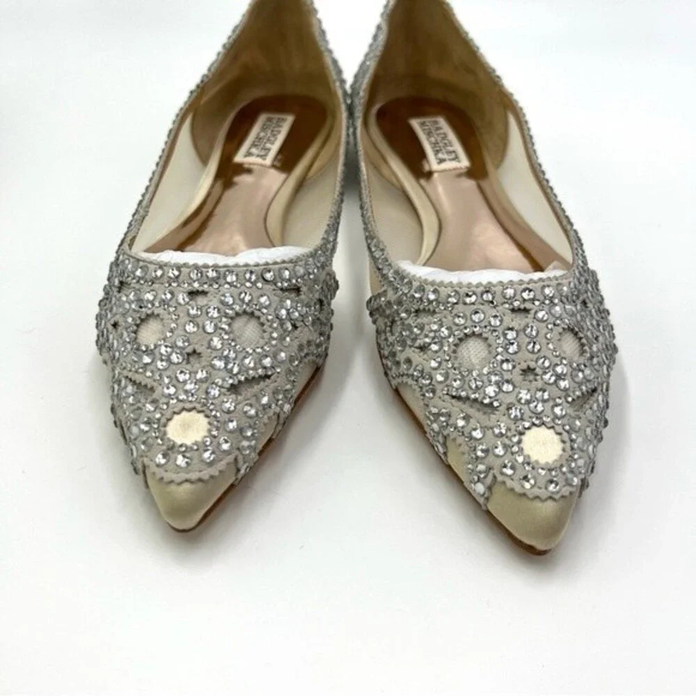 Badgley Mischka BHLDN Size 6.5 Gigi Point Toe‎ Jeweled Ivory Ballet Flats Shoes